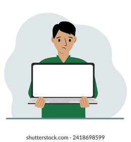 The man is holding a laptop with the screen facing away from him. On the screen of the laptop there is a place for text. Laptop computer technology concept, online education, online work.