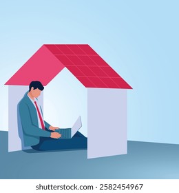 A man holding a laptop in a small house. Illustration for remote work, work from home and freelancing from anywhere.