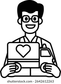 A man is holding a laptop and smiling. The laptop has a heart on it. The man is wearing glasses