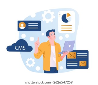 Ein Mann, der einen Laptop auf abstraktem Hintergrund hält, umgeben von CMS-bezogenen Symbolen wie Diagrammen, Benutzerprofilen und Clouds, die das Content Management System symbolisieren. Vektorgrafik