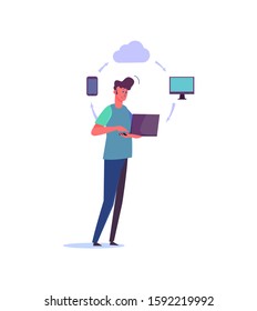 Man holding laptop and transferring information. Sharing data information flat vector illustration. Cloud computing concept for banner, website design or landing web page