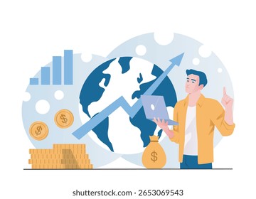 Man holding laptop with upward arrow, world map, coins, and chart elements in flat style on white background. Concept of global financial growth. Vector illustration