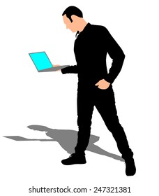 Man holding a laptop, vector
