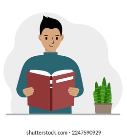 The man is holding a large book in his hands. Vector flat illustration