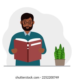 El hombre tiene un libro grande en sus manos. Ilustración plana del vector