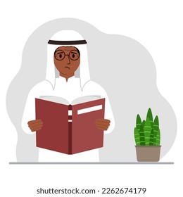 The man is holding a large book in his hands. Vector flat illustration