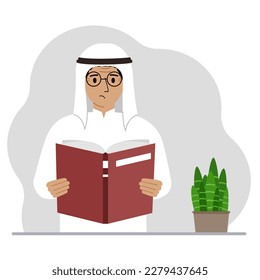 The man is holding a large book in his hands. Vector flat illustration