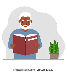 The man is holding a large book in his hands. Vector flat illustration