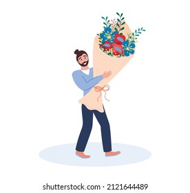 Man holding large bouquet of flowers.  Happy smiling male person carrying big blossom bunch. Vector flat illustration for Womens day, birthday, Valentines or other holiday.  