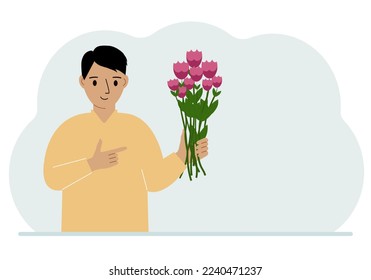 A man is holding a large bouquet of flowers. The concept of a holiday, congratulations, romance or gift. Vector flat illustration