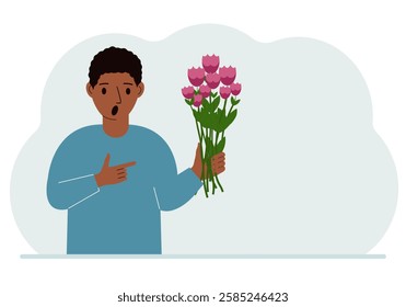 A man is holding a large bouquet of flowers. The concept of a holiday, congratulations, romance or gift.