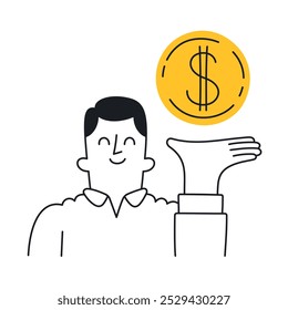 Homem segurando um grande símbolo de moeda de dólar. Conceito de sucesso financeiro e riqueza. Ilustração da moeda e da prosperidade. Ilustração de doodle - traçado editável.