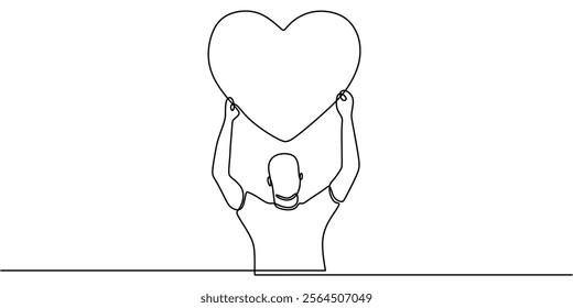 A man holding a large heart symbol in continuous one line drawing. Representing love, care, and emotional connection. Vector illustration hand drawn.