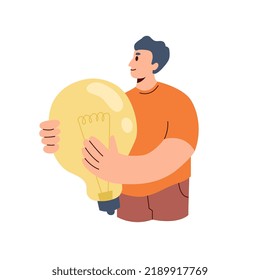 Man holding  large light bulb in hands as symbol of creative ideas generation, and solutions and answers finding. Business concept of generating a  good idea. Concept of insight. Flat vector illustrat
