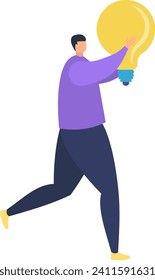 Man holding a large light bulb, symbolizing a big idea or innovation. Male character showcasing creativity and inspiration vector illustration.