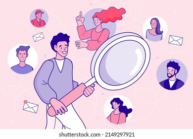 Man holding a large magnifying glass. hiring and recruitment concept. Job interview, recruitment agency. searching the best candidate or job. Human resources. Vector outline illustration.