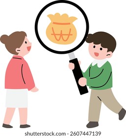 A man holding a large magnifying glass and a female character watching