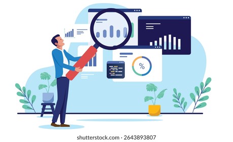 Man holding a large magnifying glass to analyse various data charts and statistics, representing market research, financial analysis, or business intelligence. Flat design vector illustration
