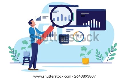 Man holding a large magnifying glass to analyse various data charts and statistics, representing market research, financial analysis, or business intelligence. Flat design vector illustration