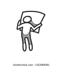 Man holding large paper icon in sketch style. Hand drawn vector illustration.
