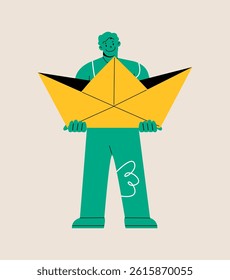 Man holding a large paper ship. Colorful vector illustration 
