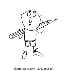 a man is holding a large pencil in his hands. A hand-drawn cute character. Sketch. Vector doodle illustration