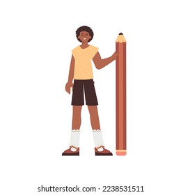 The man is holding a large pencil. Modern trendy style.