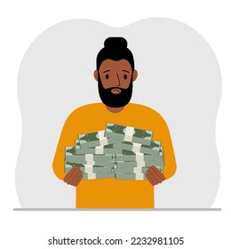 A man is holding a large pile of paper money. Vector flat illustration