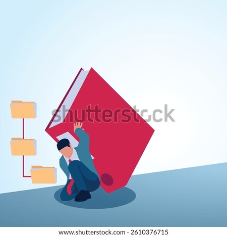 A man holding a large red binder. A metaphorical illustration for data archive, file organization and document access.