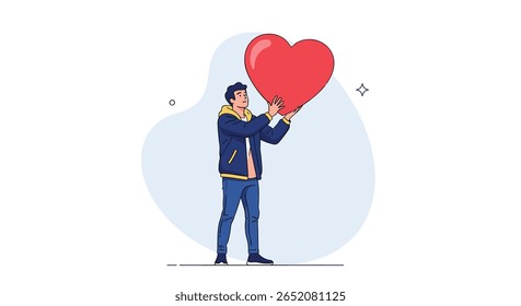 Homem segurando um grande coração vermelho sobre sua cabeça mostrando amor e afeto