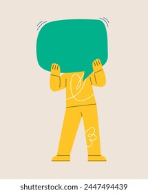 Man holding large speech message bubbles with instead of heads. Colorful vector illustration
