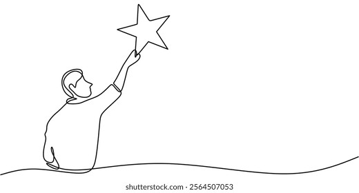 A man holding a large star in continuous one line drawing. Depicting aspiration, achievement, and personal goals. Vector illustration hand drawn.