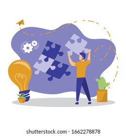 Man holding the last puzzle piece, solution concept, puzzles business, businesss concept, connecting puzzle elements business concept, creative light bulb for business, creative idea. flat vector