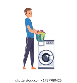 Man Holding Laundry Basket While Standing Next Washing Machine, Household Activity, Housekeeping, Everyday Duties and Chores Cartoon Vector Illustration