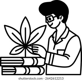 Um homem está segurando uma planta com folhas na mão. Ele está usando óculos e está cercado por livros