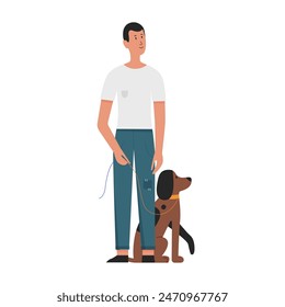 Man holding leash on walk with dog, pet owner and puppy standing together vector illustration