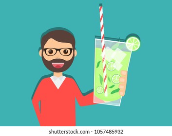 Man holding lemonade in hand, concept of cartoon illustration man offering lemonade with lemon, mint and ice on working days, flat design of man with lemonade in hand, vector illustration