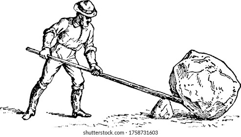 Man holding lever trying to lift heavy rock by means of fulcrum, fulcrum is a pivot point around which a lever turns, vintage line drawing or engraving illustration.