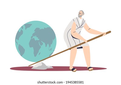 Hombre sosteniendo la palanca tratando de levantar la tierra con fulcro. Caricatura masculina levantando piedra con esfuerzos que aplican fuerza y equilibrio. Ilustración vectorial plana