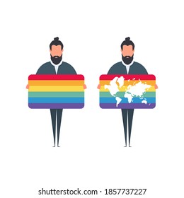 Un hombre con una bandera LGBT. El tipo sostiene una pancarta de color LGBT. Vector.
