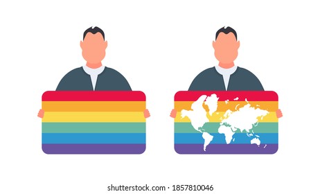 A man holding an LGBT flag. The guy is holding a banner with LGBT color. Vector.