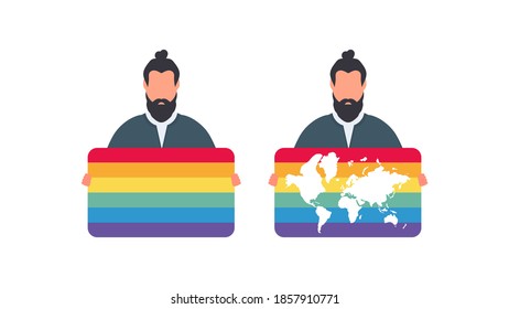 Un hombre con una bandera LGBT. El tipo sostiene una pancarta de color LGBT. Vector.