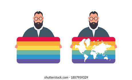 A man holding an LGBT flag. The guy is holding a banner with LGBT color. Vector.