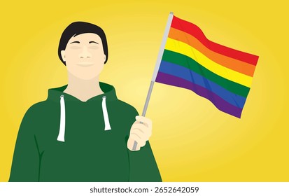 Man holding lgbt flag. vector