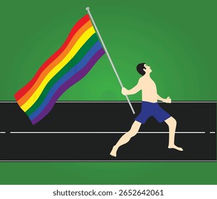 Hombre sosteniendo la bandera lgbt. Vector