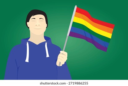 Man holding lgbt flag. vector