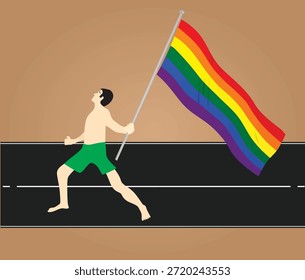 Man holding lgbt flag. vector