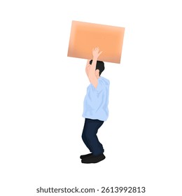 man holding and lifting cardboard box without background