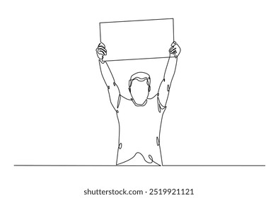 Hombre sosteniendo y levantando tablas vacías en un dibujo continuo de una línea. manifestantes levantando carteles vacíos en una sola línea ilustración de arte. Vector editable.  
