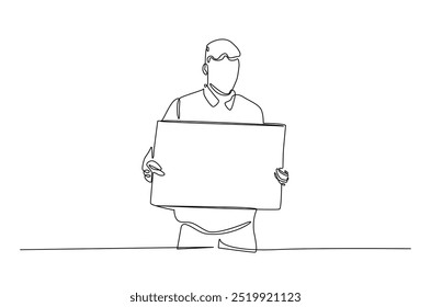 Man holding and lifting empty boards in continuous one line drawing. protesters lifting empty placard in single line art illustration. Editable vector.  
